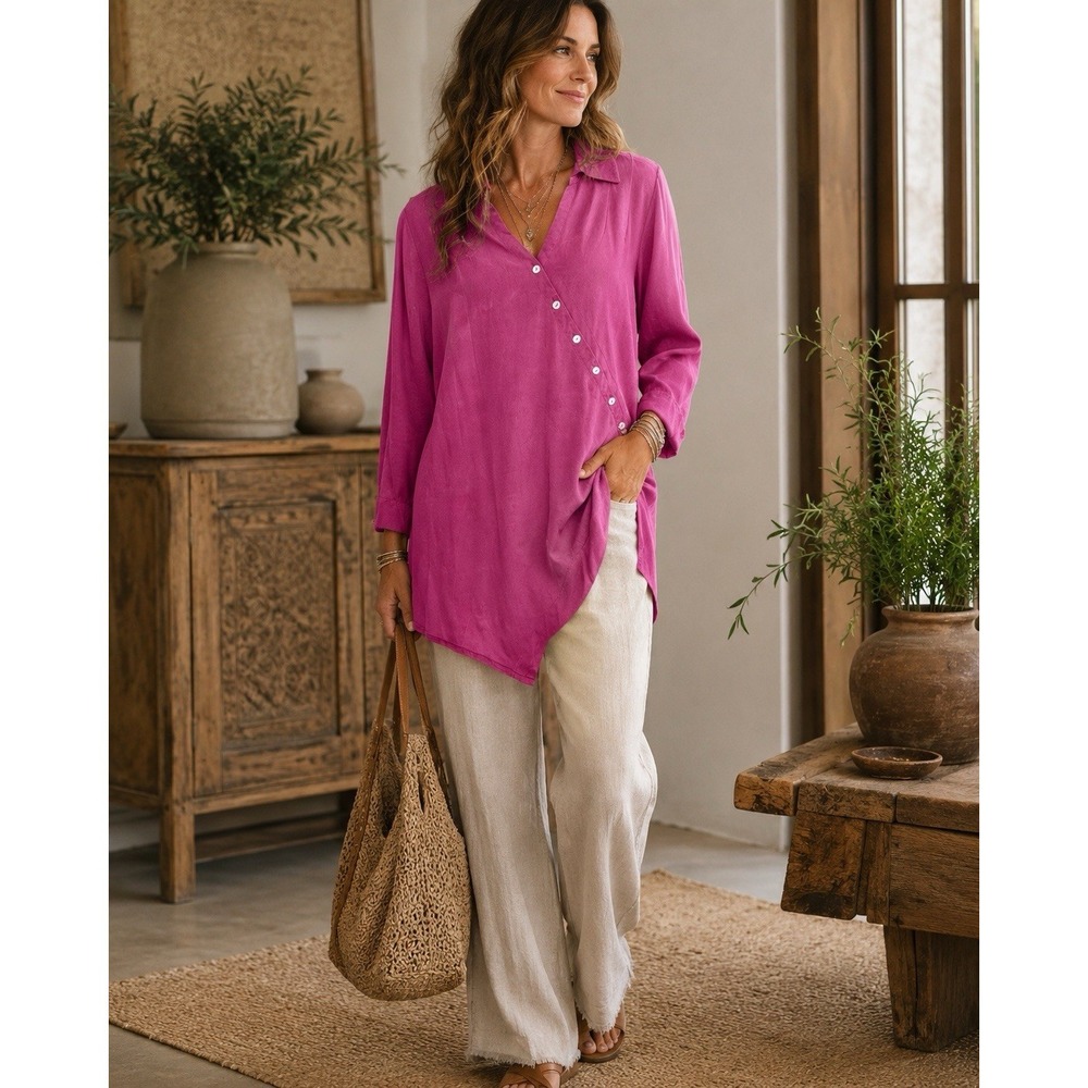 Soft Surroundings Asymmetrical Tunic Top Buttons Size M Pink Lagenlook Bohemian
